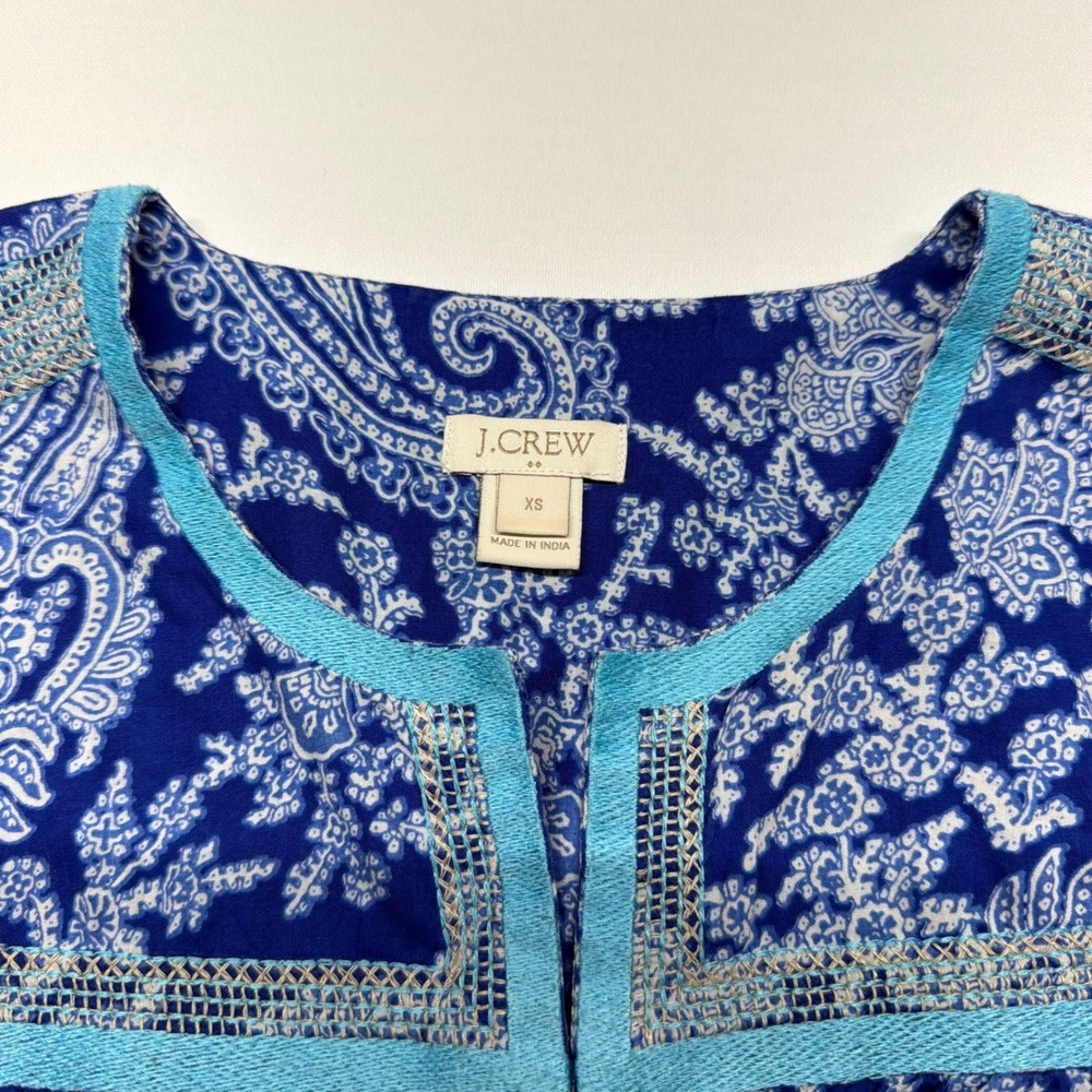 J.Crew Blue Paisley Print Long Sleeve Tunic Blouse XS Coastal Boho Resort Top - Picture 3 of 8